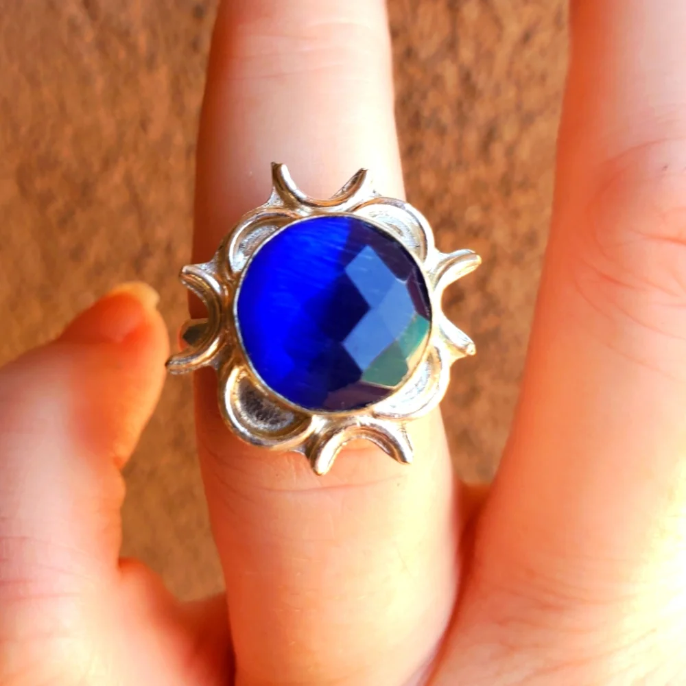 New Faceted Cat Eye Silver Crescent Moon Ring.